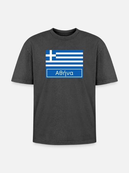 Athens Written in Greek - Oversized Unisex Premium Acid-Washed T-Shirt - acid washed black