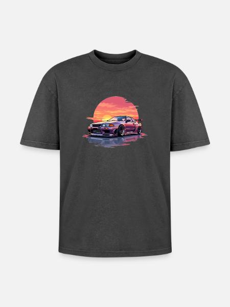 Skyline Sunset - Oversized Unisex Premium Acid-Washed T-Shirt - acid washed black