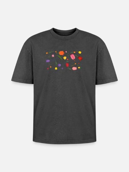 Blumen - Oversized Unisex Premium Acid-Washed T-Shirt - Schwarz Acid Wash