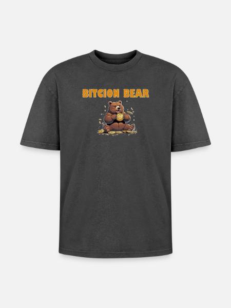 Bitcoin Bär  - Oversized Unisex Premium Acid-Washed T-Shirt - Schwarz Acid Wash