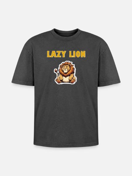Lazy Lion Cartoon - Oversized Unisex Premium Acid-Washed T-Shirt - acid washed black