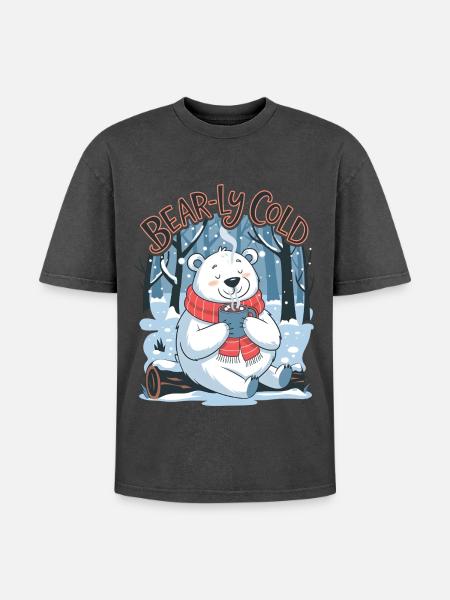 Bear-ly Cold - Oversized Unisex Premium Acid-Washed T-Shirt - acid washed black