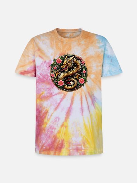 Dragon de Chine - T-shirt tie-dye premium unisexe - arc-en-ciel spirale