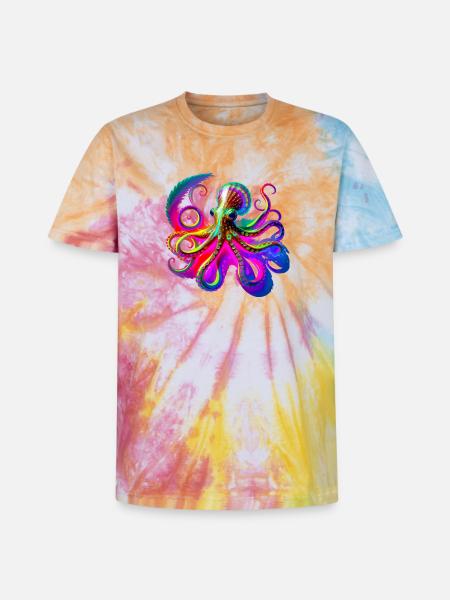 Psychedelic Neon Octopus - Unisex Premium Tie-Dye T-Shirt - Rainbow Spiral