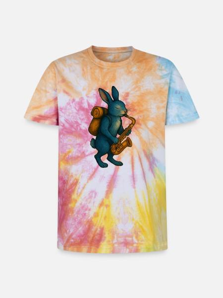 Lapin Bleu avec Saxophone - T-shirt tie-dye premium unisexe - arc-en-ciel spirale