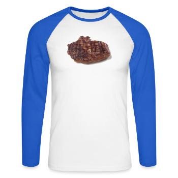 Steak - Unisex Baseballshirt langarm - Weiß/Royalblau - Vorne - Nik (191cm)