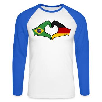 Brasilien Deutschland Flagge Haende Herzform - Unisex Baseballshirt langarm - Weiß/Royalblau - Vorne - Nik (191cm)
