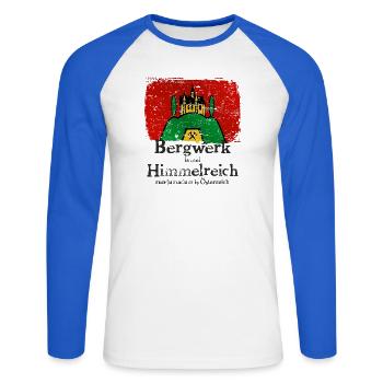 Bergwerk ist mein Himmelreich im Burgenland - Unisex Baseballshirt langarm - Weiß/Royalblau - Vorne - Nik (191cm)