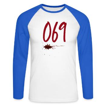 Postleitzahl Frankfurt 069 - Unisex Baseballshirt langarm - Weiß/Royalblau - Vorne - Nik (191cm)