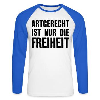 ARTGERECHT IST NUR DIE FREIHEIT VEGAN VEGANER - Unisex Baseballshirt langarm - Weiß/Royalblau - Vorne - Nik (191cm)