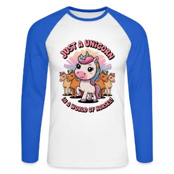 Juste une licorne dans un monde de chevaux ! - T-shirt baseball manches longues Homme - blanc/bleu royal - Devant - Nik (191cm)