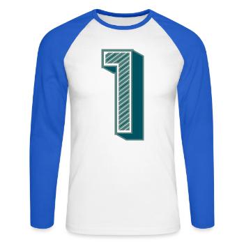 1. 1 JAHR. 1. JAHRESTAG - Unisex Baseballshirt langarm - Weiß/Royalblau - Vorne - Nik (191cm)