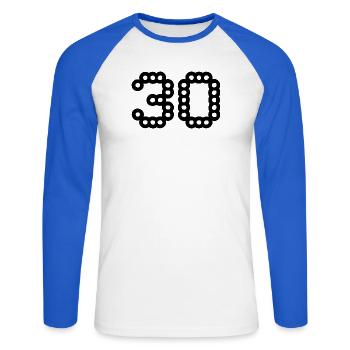 30. 30 ANS. 30e ANNIVERSAIRE. ANNIVERSAIRE 30 ANS. - T-shirt baseball manches longues Homme - blanc/bleu royal - Devant - Nik (191cm)