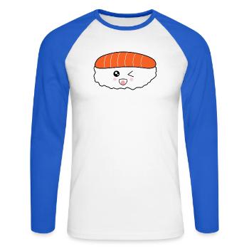 kawaii food, japanese cuisine, japanese fish - Unisex Long Sleeve Baseball T-Shirt - white/royal blue - Front - Nik (191cm)