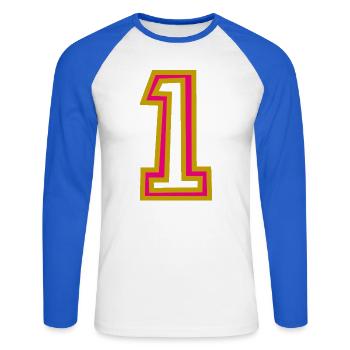 1. 1 JAHR - Unisex Baseballshirt langarm - Weiß/Royalblau - Vorne - Nik (191cm)