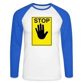 Stop Sign Logo - Unisex Long Sleeve Baseball T-Shirt - white/royal blue - Front - Nik (191cm)