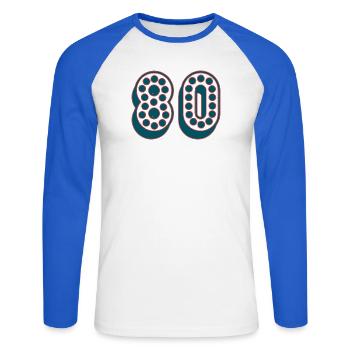 80. 80 JAHRE. 80-JÄHRIGES JUBILÄUM. 80. GEBURTSTAG. - Unisex Baseballshirt langarm - Weiß/Royalblau - Vorne - Nik (191cm)