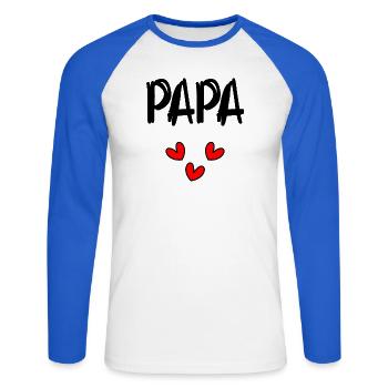 VATERTAG. ALLES GUTE ZUM GEBURTSTAG, PAPA. PAPA. ALLES GUTE ZUM GEBURTSTAG! - Unisex Baseballshirt langarm - Weiß/Royalblau - Vorne - Nik (191cm)