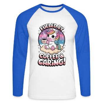 Fueled By Coffee & Caring! - Unisex Long Sleeve Baseball T-Shirt - white/royal blue - Front - Nik (191cm)