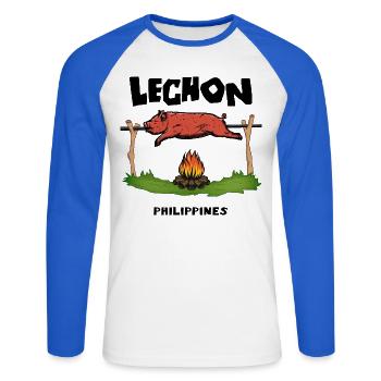 Lechon Philippines Cochon de lait Cebu Manille Cadeau - T-shirt baseball manches longues Homme - blanc/bleu royal - Devant - Nik (191cm)