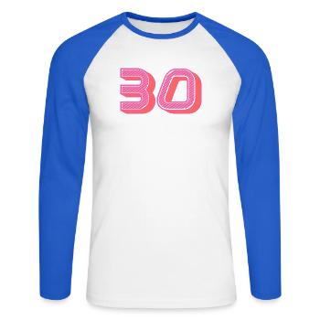 30. 30 ANS. 30e ANNIVERSAIRE. ANNIVERSAIRE 30 ANS. - T-shirt baseball manches longues Homme - blanc/bleu royal - Devant - Nik (191cm)