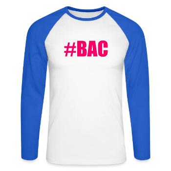 BAC. BACCALAUREAT. BREVET. DNB. EXAMEN. BRAVO - T-shirt baseball manches longues Homme - blanc/bleu royal - Devant - Nik (191cm)