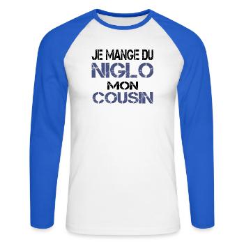Je mange du Niglo - T-shirt baseball manches longues Homme - blanc/bleu royal - Devant - Nik (191cm)