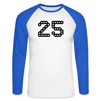 25. 25 ANS. 25e ANNIVERSAIRE. ANNIVERSAIRE 25 ANS. - T-shirt baseball manches longues Homme - blanc/bleu royal - Devant - Nik (191cm)