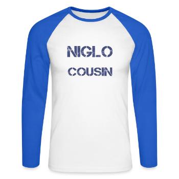 Je mange du Niglo - T-shirt baseball manches longues Homme - blanc/bleu royal - Devant - Nik (191cm)