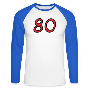 80. 80 JAHRE. 80-JÄHRIGES JUBILÄUM. 80. GEBURTSTAG. - Unisex Baseballshirt langarm - Weiß/Royalblau - Vorne - Nik (191cm)