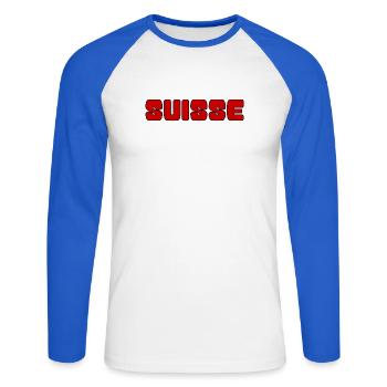 SUISSE. PAYS. GENEVE. SUISSE. HUMOUR. PAYS - T-shirt baseball manches longues Homme - blanc/bleu royal - Devant - Nik (191cm)