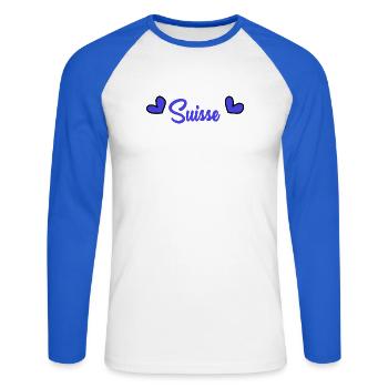 SUISSE. PAYS. GENEVE. HUMOUR. PAYS - T-shirt baseball manches longues Homme - blanc/bleu royal - Devant - Nik (191cm)