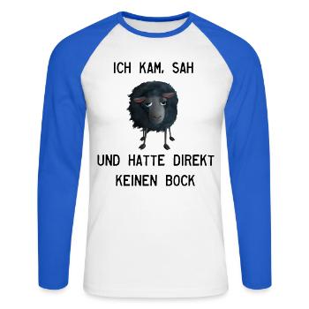 Schwarzes Schaf - Ich kam, sah, hatte keinen Bock - Unisex Baseballshirt langarm - Weiß/Royalblau - Vorne - Nik (191cm)
