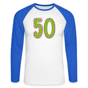 50. 50 ANS. 50e ANNIVERSAIRE. ANNIVERSAIRE 50 ANS. - T-shirt baseball manches longues Homme - blanc/bleu royal - Devant - Nik (191cm)