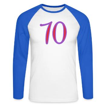 70. 70 ANS. 70e ANNIVERSAIRE. ANNIVERSAIRE 70 ANS. - T-shirt baseball manches longues Homme - blanc/bleu royal - Devant - Nik (191cm)