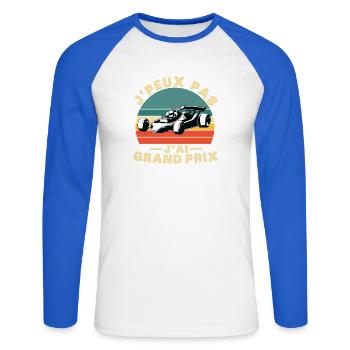 Je peux pas J'ai grand prix - T-shirt baseball manches longues Homme - blanc/bleu royal - Devant - Nik (191cm)