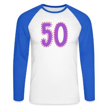 50. 50 ANS. 50e ANNIVERSAIRE. ANNIVERSAIRE 50 ANS. - T-shirt baseball manches longues Homme - blanc/bleu royal - Devant - Nik (191cm)