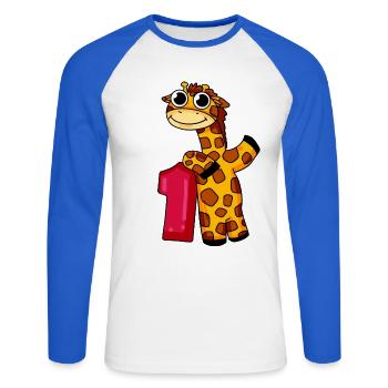 1er cadeau d'anniversaire girafe 1ère classe - T-shirt baseball manches longues Homme - blanc/bleu royal - Devant - Nik (191cm)