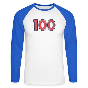 100. 100 YEARS. 100th ANNIVERSARY - Unisex Long Sleeve Baseball T-Shirt - white/royal blue - Front - Nik (191cm)