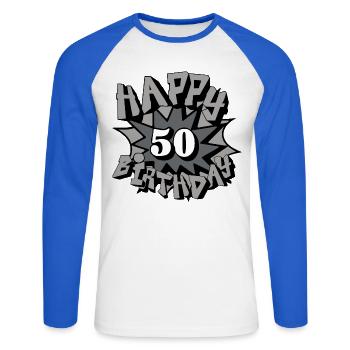 50.Geburtstag,50 Jahre,Airbrush, Happy Birthday(25 - Unisex Baseballshirt langarm - Weiß/Royalblau - Vorne - Nik (191cm)