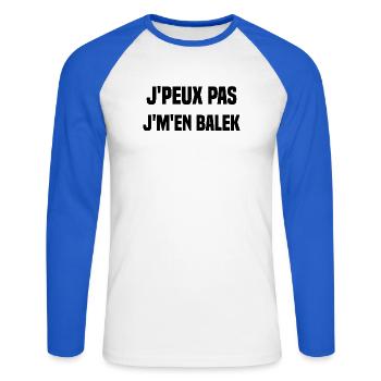 J'peux pas j'm'en balek - T-shirt baseball manches longues Homme - blanc/bleu royal - Devant - Nik (191cm)