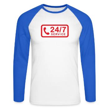Service 24h/24 et 7h/24 - T-shirt baseball manches longues Homme - blanc/bleu royal - Devant - Nik (191cm)