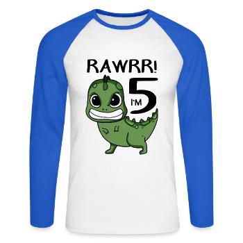 5. Geburtstag Dinosaurier - 5. Klasse Geschenk - Unisex Baseballshirt langarm - Weiß/Royalblau - Vorne - Nik (191cm)