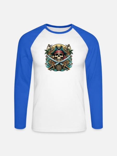 Pirate Logo - Unisex Long Sleeve Baseball T-Shirt - white/royal blue