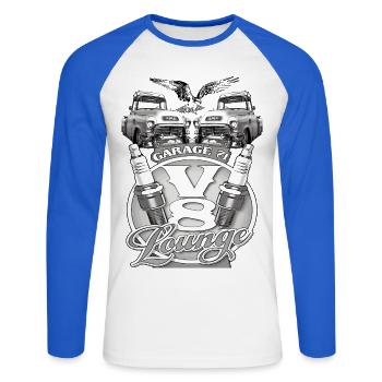 V8 Garage Lounge Oldtimer - Unisex Baseballshirt langarm - Weiß/Royalblau - Vorne - Nik (191cm)