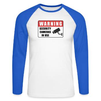 Avertissement Badge de caméra de vidéosurveillance Icône de panneau de sécurité - T-shirt baseball manches longues Homme - blanc/bleu royal - Devant - Nik (191cm)