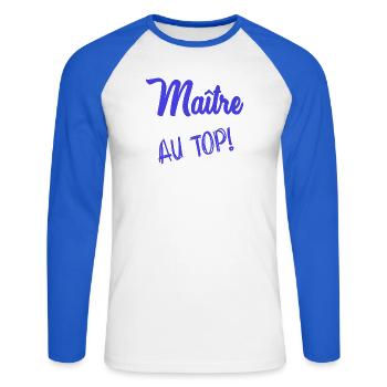 MEISTER. MEISTER. HUMOR - Unisex Baseballshirt langarm - Weiß/Royalblau - Vorne - Nik (191cm)
