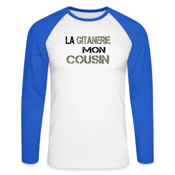 La gitanerie mon cousin - T-shirt baseball manches longues Homme - blanc/bleu royal - Devant - Nik (191cm)