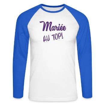 HOCHZEIT. ZUKÜNFTIGE BRAUT. Junggesellinnenabschied - Unisex Baseballshirt langarm - Weiß/Royalblau - Vorne - Nik (191cm)