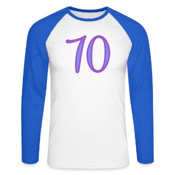 70. 70 YEARS. 70TH ANNIVERSARY. 70TH ANNIVERSARY. - Unisex Long Sleeve Baseball T-Shirt - white/royal blue - Front - Nik (191cm)